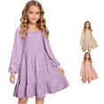 thumbnail image 1 of Elegant Long Sleeve Square Neck Ruffle Detail Smocked Waist Casual Party Dress for Girls Comfortable Everyday Wear Kids Cat Dress 4-5 Years, 1 of 5