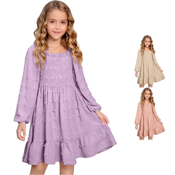 Elegant Long Sleeve Square Neck Ruffle Detail Smocked Waist Casual Party Dress for Girls Comfortable Everyday Wear Kids Cat Dress 4-5 Years