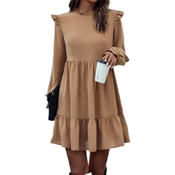 Elegant Long Sleeve Tiered Dress with Ruffled Shoulders - Light French Beige | [ZhiHiMeRi] | (US 8-10)M