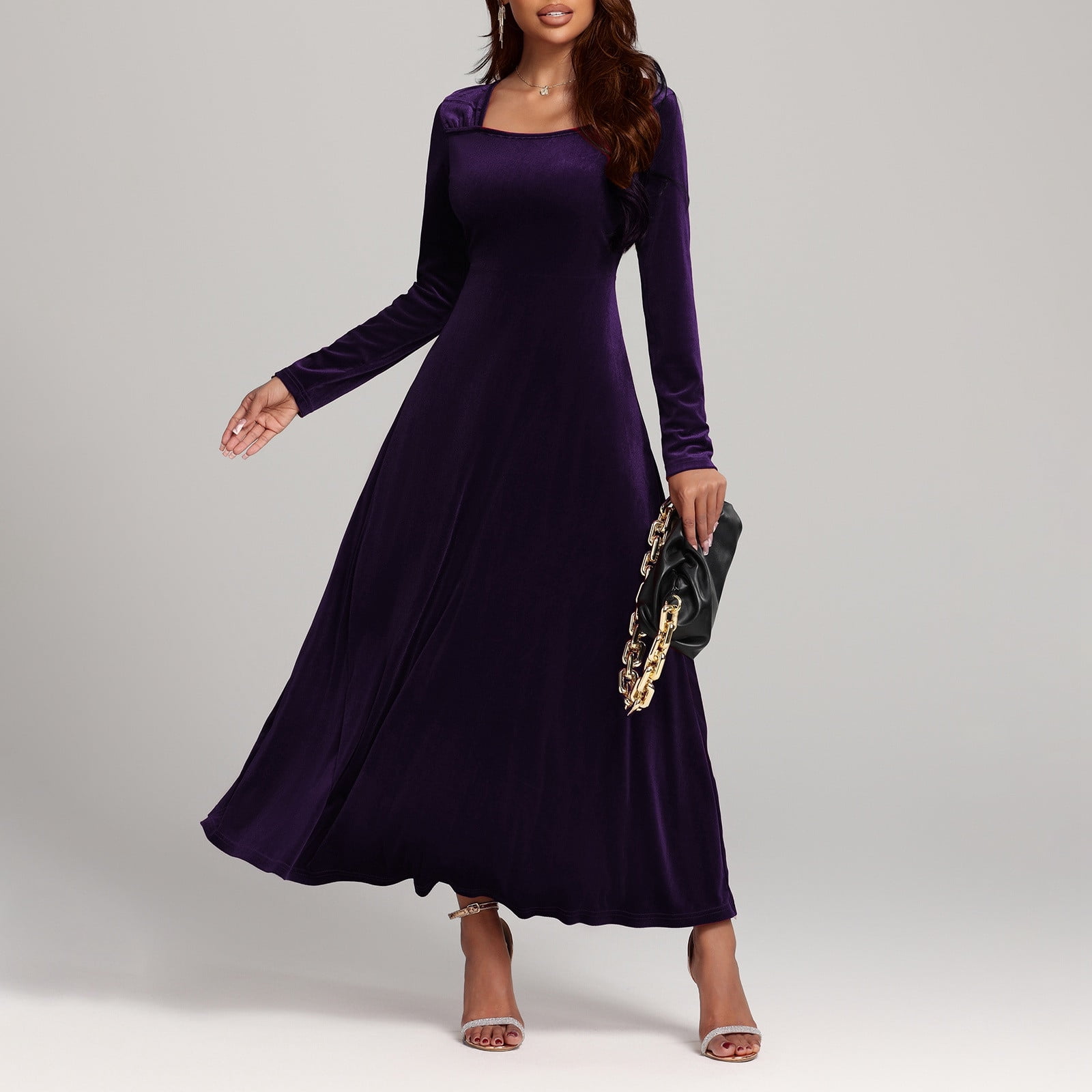 Elegant Winter A-line Velvet V-neck High Slit Maxi Long Evening Formal Dresses