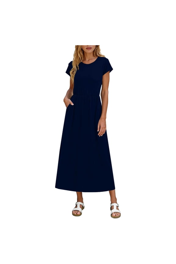 Elegant Long Tunic Dress for Women, Summer Elastic Waist Maxi Dress Ladies Party Club Comfy Floaty Beach Dresses with Pocket for Daily, Holiday, Travel, Maternity