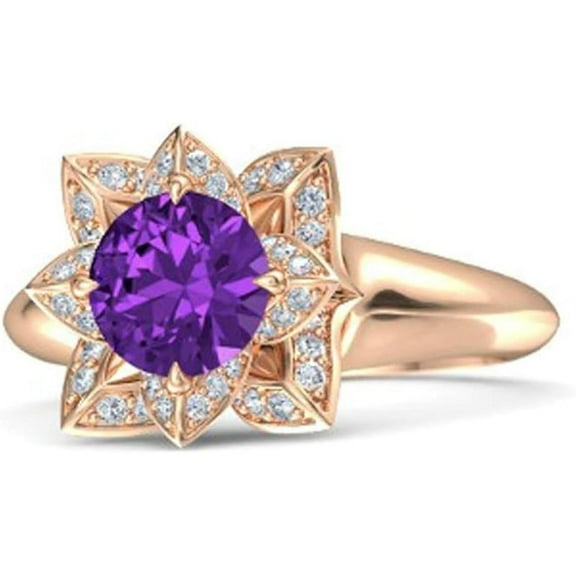 Elegant Lotus Flower Round Cut Amethyst Birthstone Wedding Engagement Ring For Women In 925 Sterling Silver 14K Rose Gold Plating