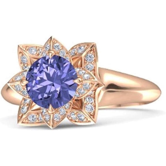 Elegant Lotus Flower Round Cut Blue Tanzanite Birthstone Wedding Engagement Ring For Women In 925 Sterling Silver 14K Rose Gold Plating