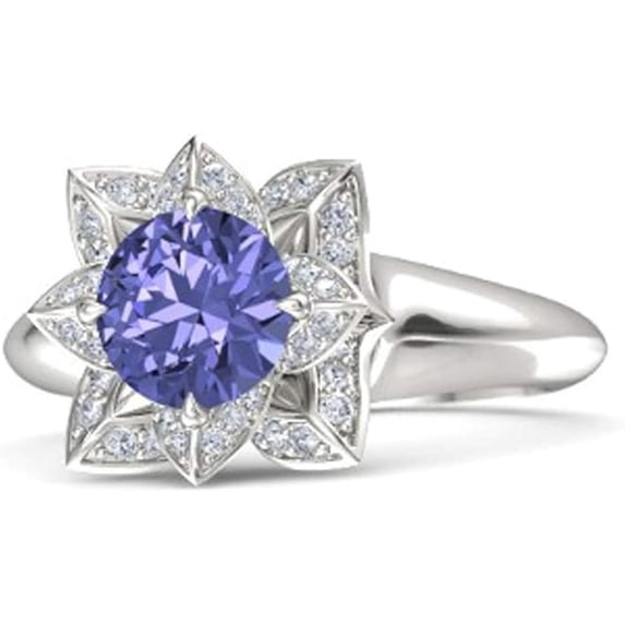 Elegant Lotus Flower Round Cut Blue Tanzanite Birthstone Wedding Engagement Ring For Women In 925 Sterling Silver 14K White Gold Plating