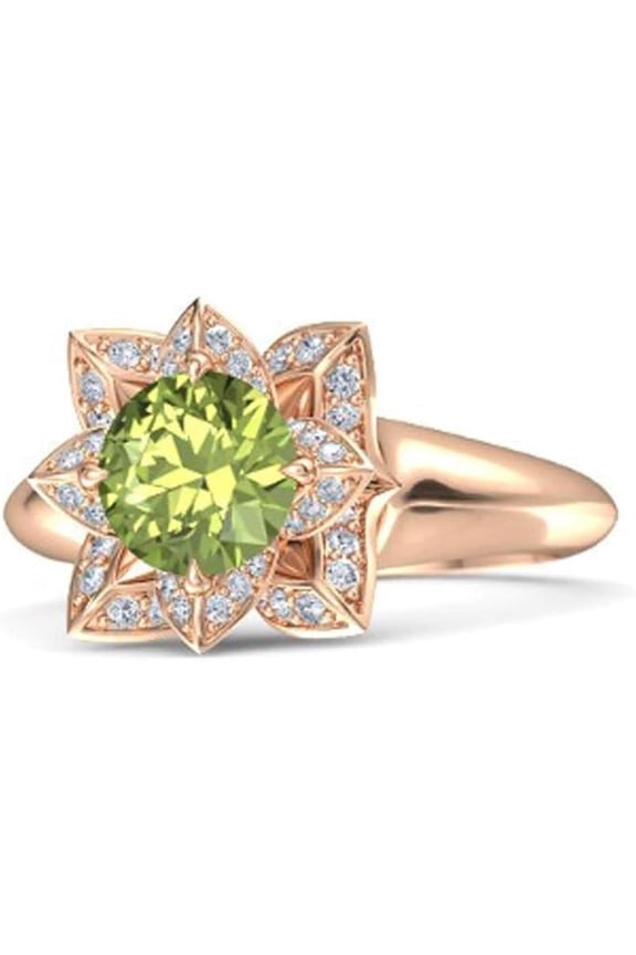 Elegant Lotus Flower Round Cut Green Peridot Birthstone Wedding Engagement Ring For Women In 925 Sterling Silver 14K Rose Gold Plating