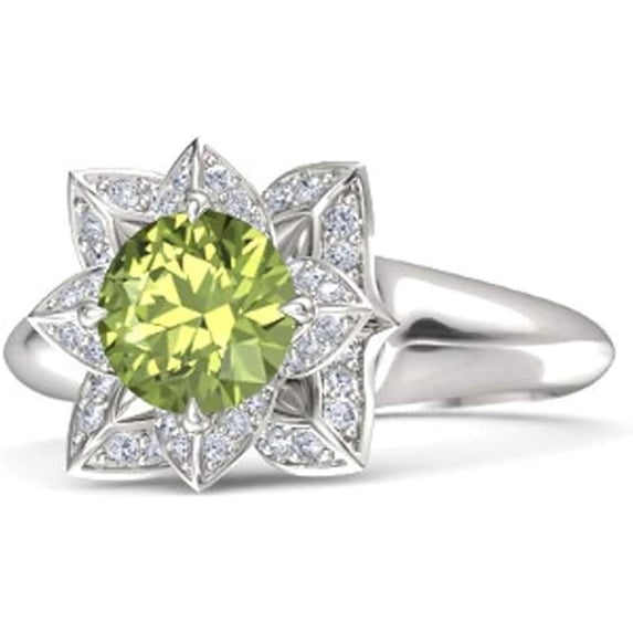 Elegant Lotus Flower Round Cut Green Peridot Birthstone Wedding Engagement Ring For Women In 925 Sterling Silver 14K White Gold Plating