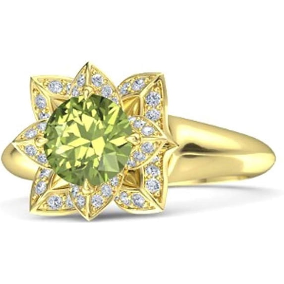 Elegant Lotus Flower Round Cut Green Peridot Birthstone Wedding Engagement Ring For Women In 925 Sterling Silver 14K Yellow Gold Plating