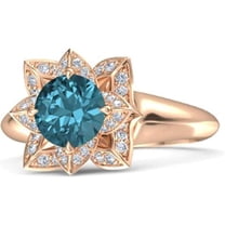Elegant Lotus Flower Round Cut London Blue Topaz Birthstone Wedding Engagement Ring For Women In 925 Sterling Silver 14K Rose Gold Plating