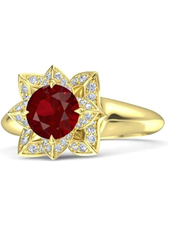 Elegant Lotus Flower Round Cut Red Ruby Birthstone Wedding Engagement Ring For Women In 925 Sterling Silver 14K Yellow Gold Plating