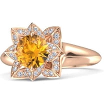 Elegant Lotus Flower Round Cut Yellow Citrine Birthstone Wedding Engagement Ring For Women In 925 Sterling Silver 14K Rose Gold Plating