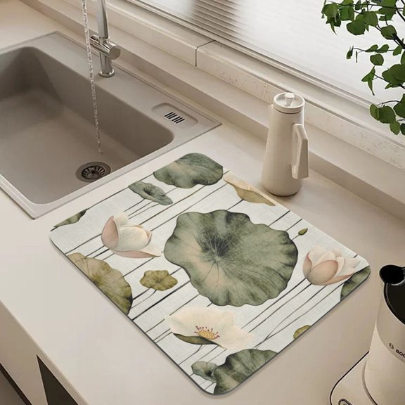 Elegant Lotus Painting Dish Drying Mat for Kitchen Counter Absorbent Drainer Mats (15.7X11.8inch)