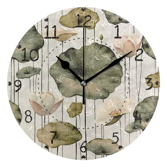 Elegant Lotus Painting Round Wall Clock Silent Battery Operated Home Decor for Living Room Bedroom