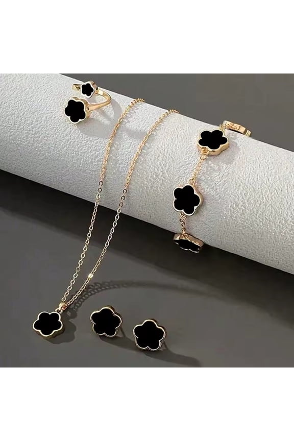 Elegant Lucky Black Clover Gold Jewelry Set 5-Piece Fashion Accessory Collection for Women