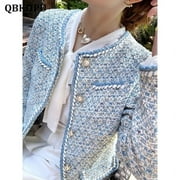 Elegant Luxury Blue Plaid Tweed Jacket Women Vintage Round Neck Pearl Button Design Short Coat Korean Fashion Chaqueta 2023 New