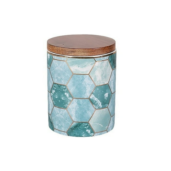 SYSYLY Stylish Geometric Ceramic Pantry Jar with Acacia Wood Lid – Leakproof Seal, Multi-Purpose Kitchen Storage for Spices, Coffee, and Utensils