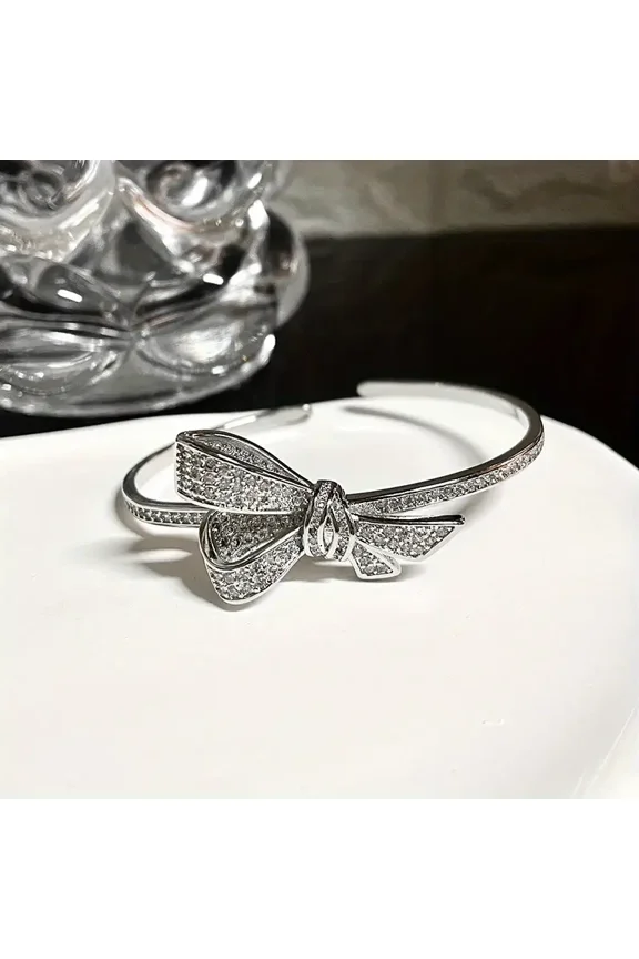 Elegant Luxury Rhinestone Bowknot Open Cuff Bangle Party Jewelry Birthday Gift For Women