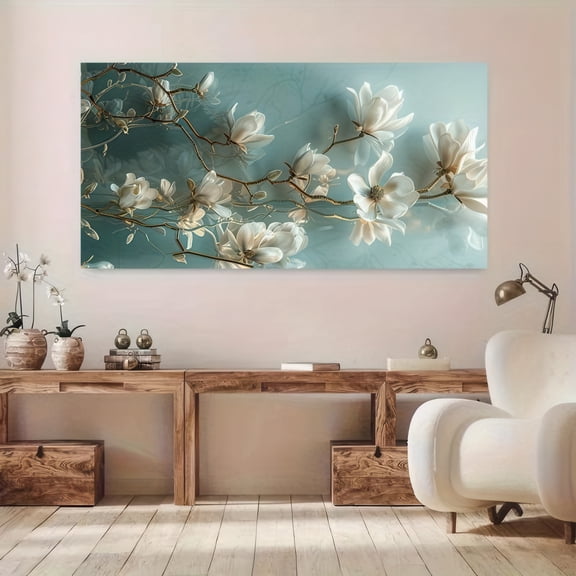 Elegant Magnolia Canvas Wall Art 48x24 Inch Framed 2D Floral Painting for Living Room Bedroom Home Decor Modern Style Ready to Hang