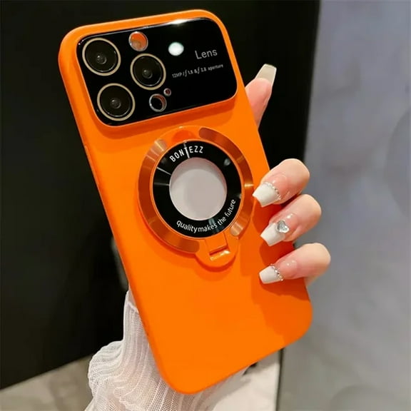 Elegant Magsafe-Compatible iPhone 15 Plus Case: Wireless Charging Ready, Stand Holder, & Camera Protection (Orange)