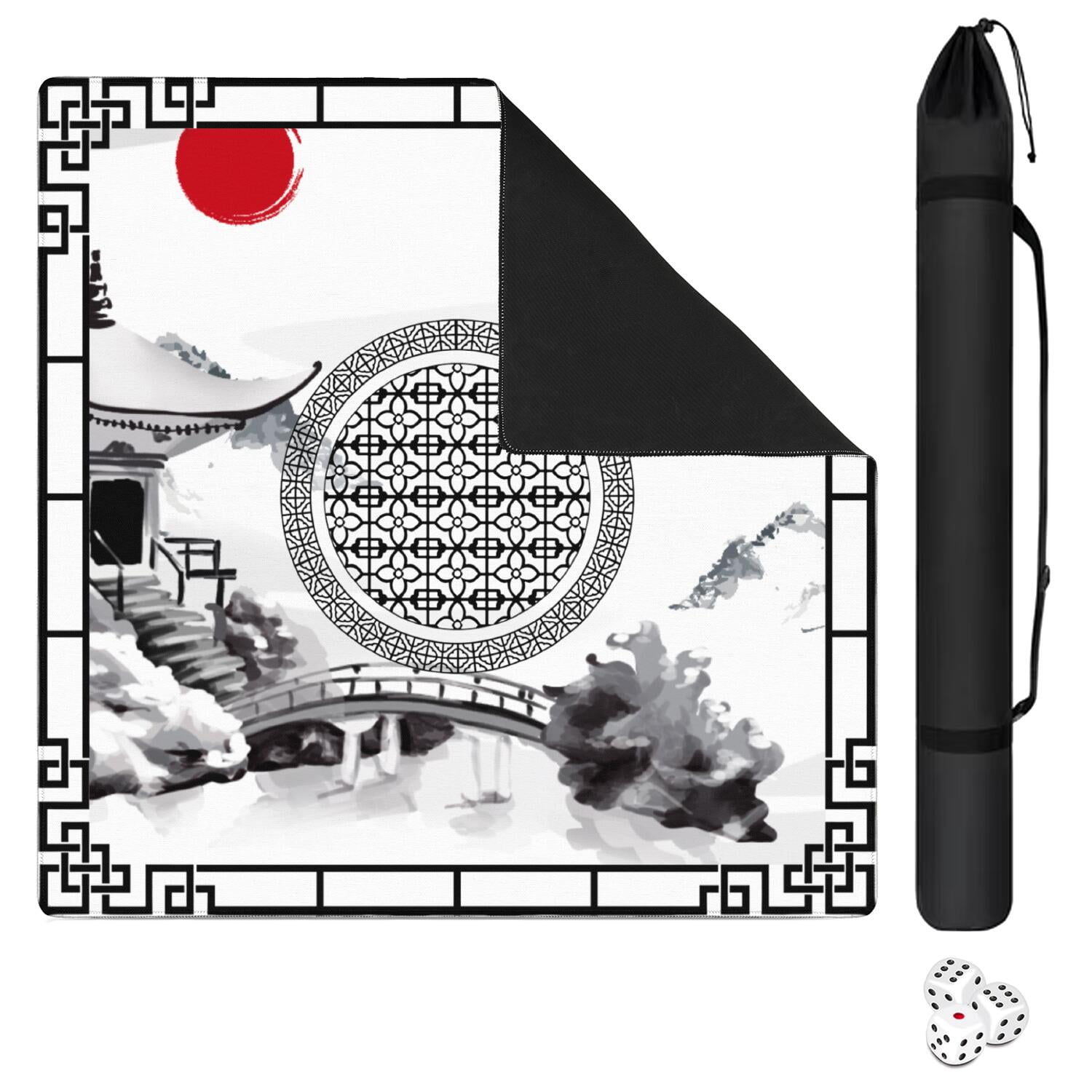 Elegant Mahjong Mat for Table, 31.5*31.5in Anti Slip Mahjong Table Cloth, Noise Reduction, Neoprene Mah jongg Mat with Carrying Bag & 3 Dices, Poker Board Tile Games Mats, Chinese Ink Painting Style