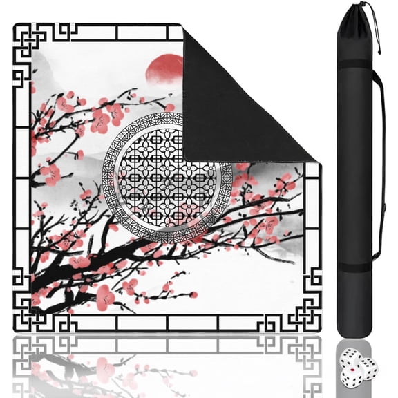 Elegant Mahjong Mat for Table, 31.5*31.5in Anti Slip Mahjong Table Cloth, Noise Reduction, Neoprene Mah jongg Mat with Carrying Bag & 3 Dices, Poker Board Tile Games Mats, Chinese Ink Painting Style