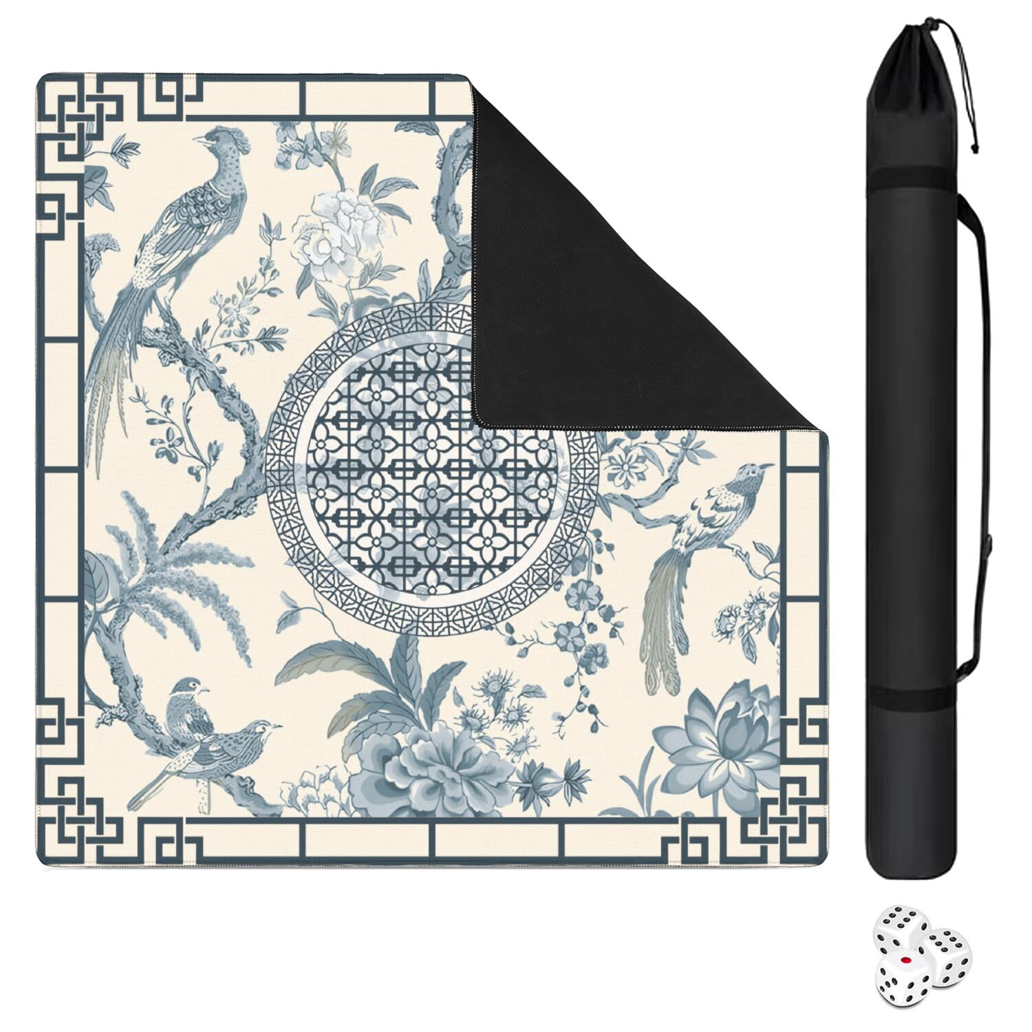 Elegant Mahjong Mat for Table, 31.5*31.5in Anti Slip Mahjong Table Cloth, Noise Reduction, Neoprene Mah jongg Mat with Carrying Bag & 3 Dices, Poker Board Tile Games Mats, Chinese Ink Painting Style
