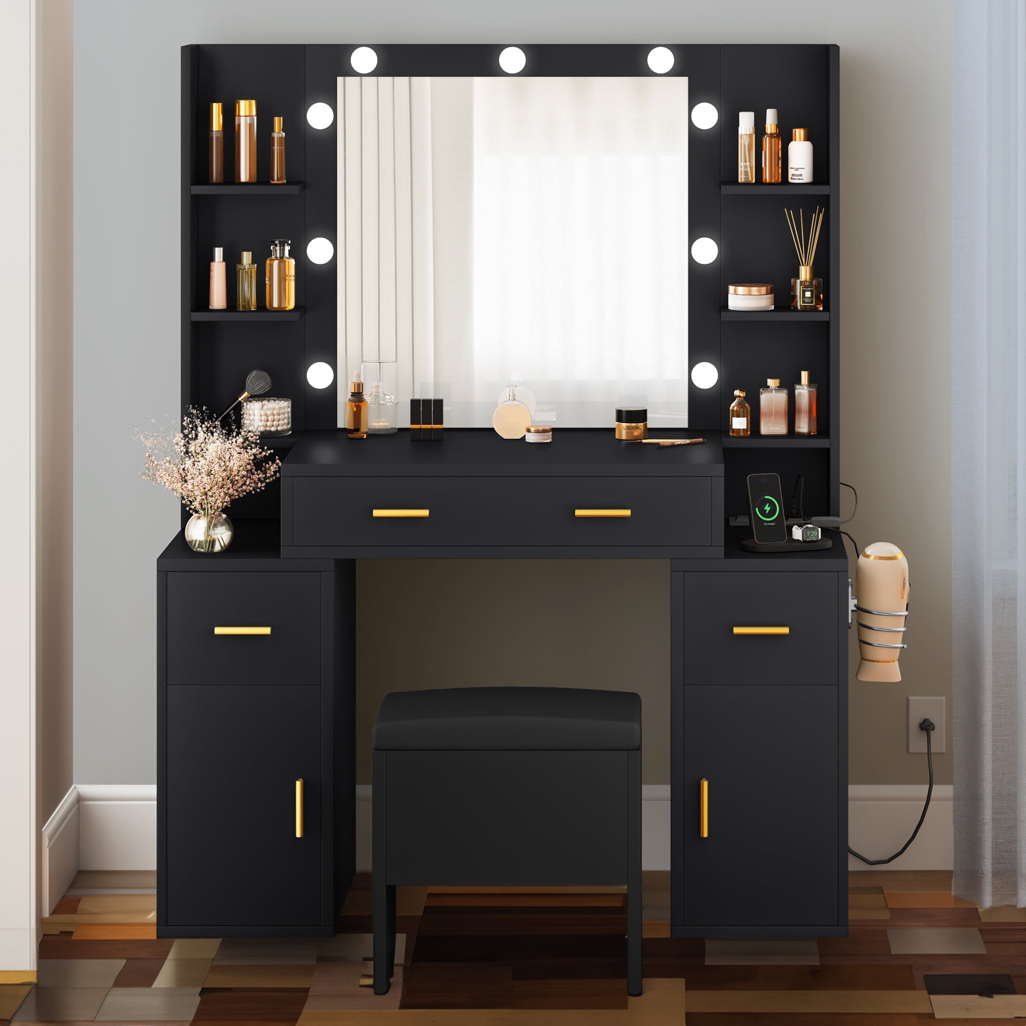 Elegant Makeup Vanity Set with Lighted Mirror and Drawers, Black Makeup