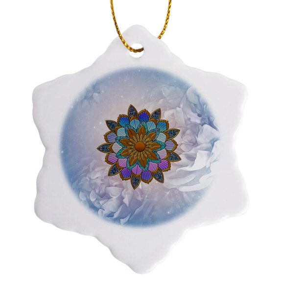 3drose, Elegant Mandala Design with Floers, 3 inch Snowflake Porcelain Ornament