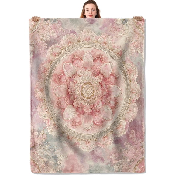 Elegant Mandala Floral Flannel Blanket 50"x60" Watercolor Pink Flower Printed Lightweight Throw Blankets Birthday for Girls Women Office Bedroom Sofa Travel Boho Home Decorate