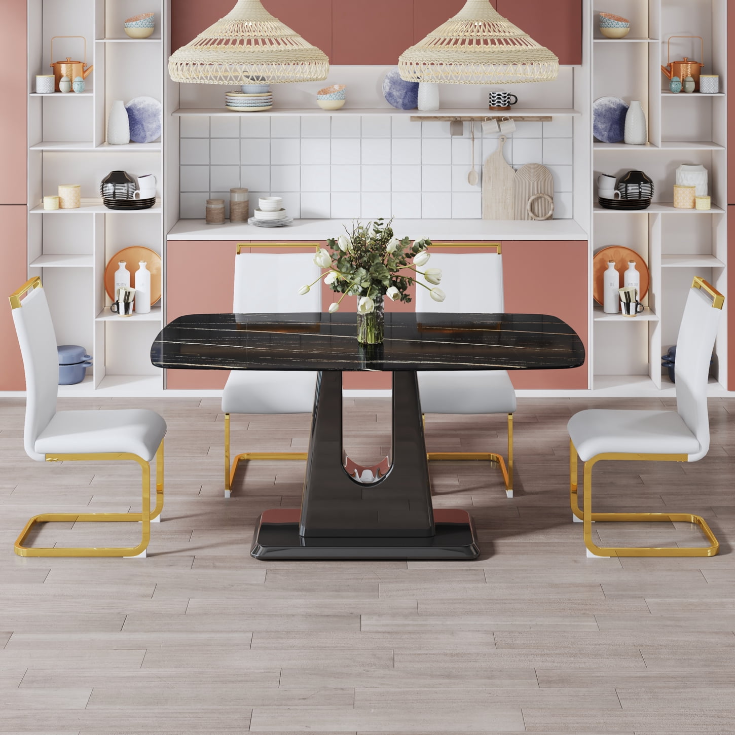 Elegant Marble Dining Set in White & Black, Modern Rectangular Table ...