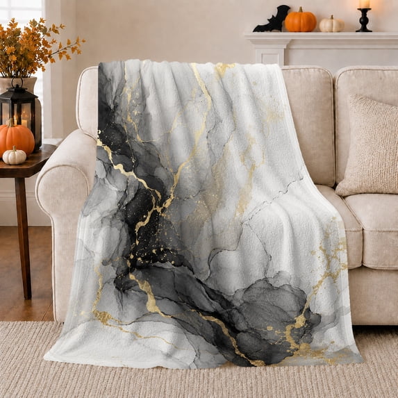 Elegant Marble Gold Vein, Festive autumn celebration Scene, Warm Flannel Blanket for Living Room and Family Room with Detailed Artwork, Art Lovers autumn celebration Gift, Festive Home Decor