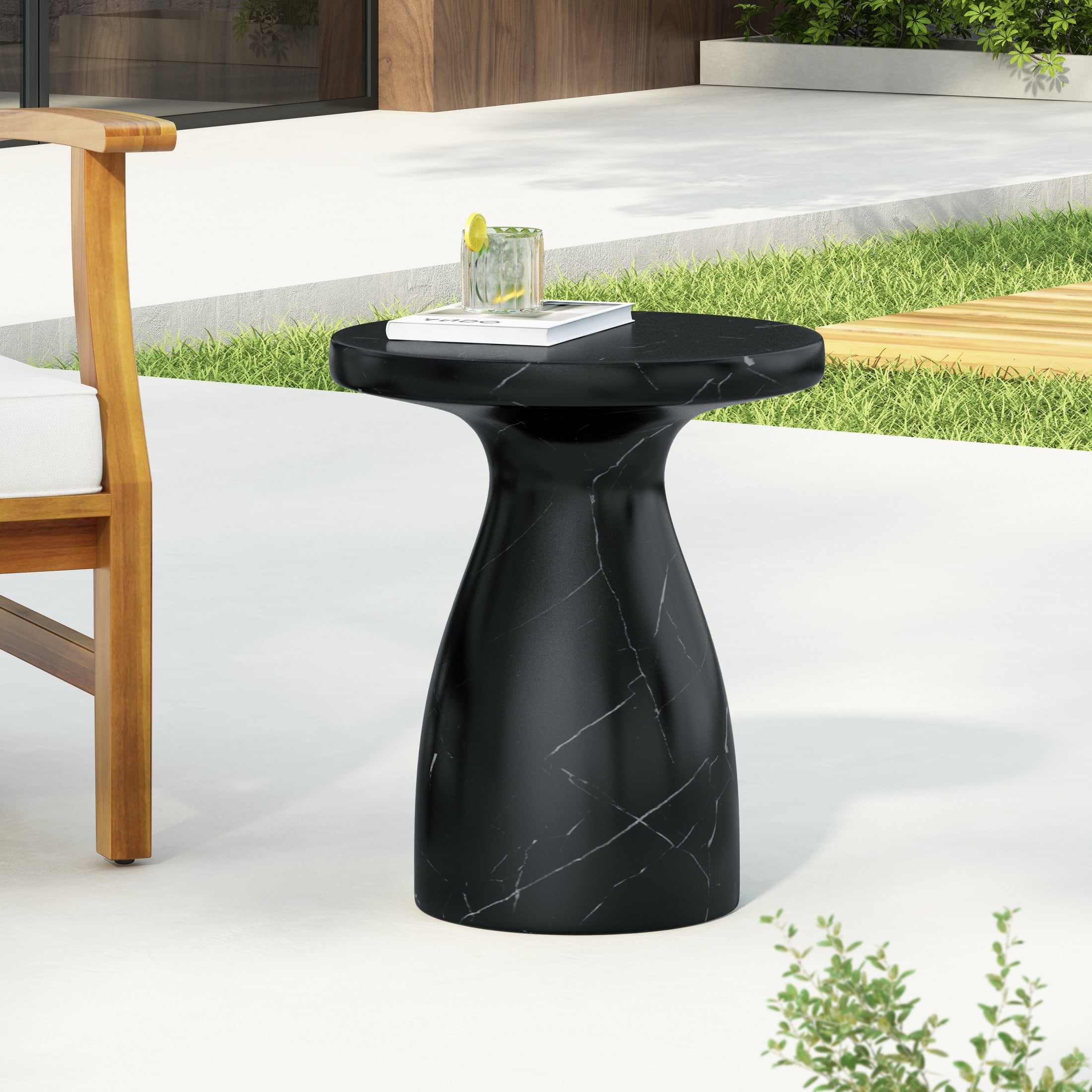 Elegant Marble Pattern Concrete End Table, Black