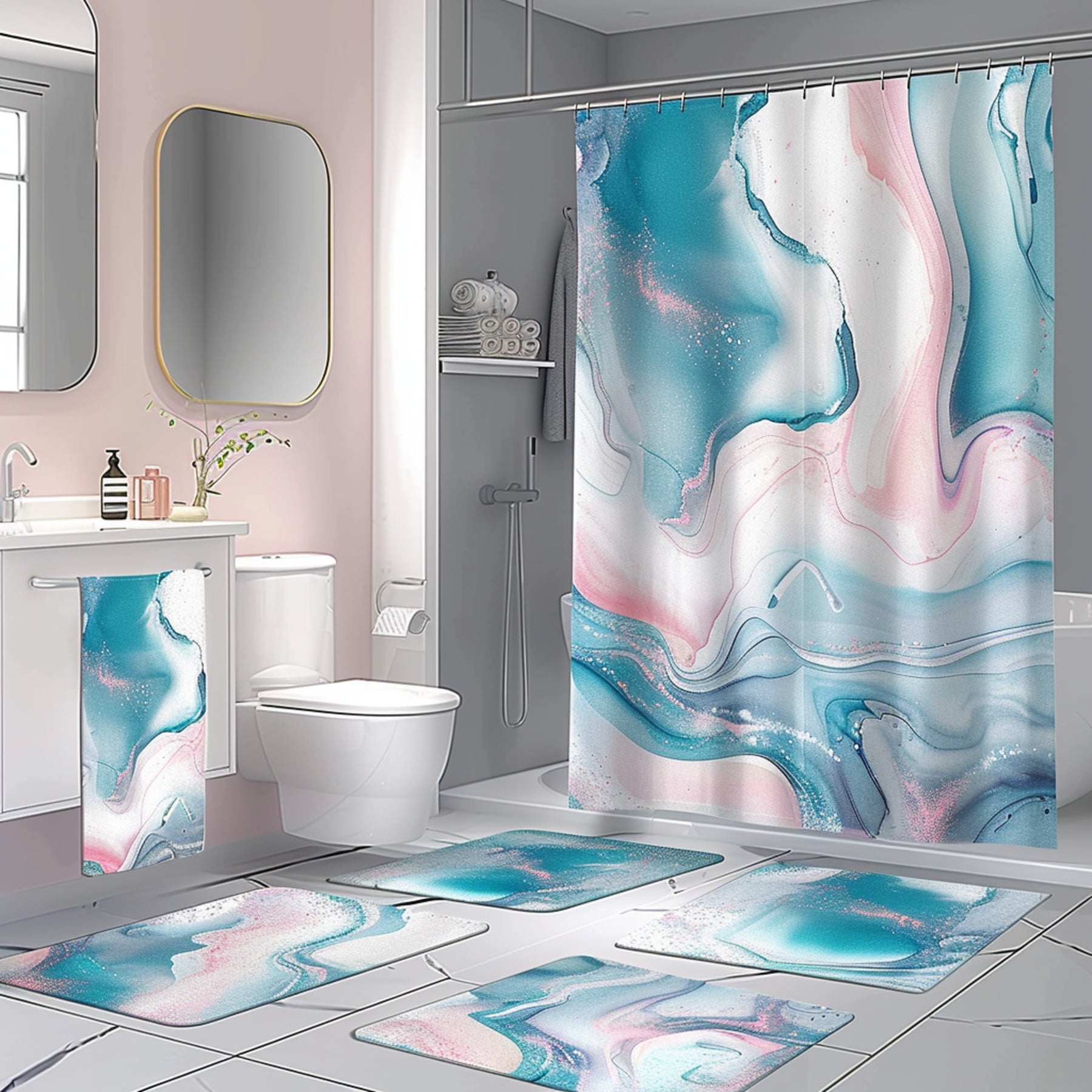 Elegant Marble Texture Bathroom Set With Abstract Watercolor Shower Curtain Modern Luxury Design