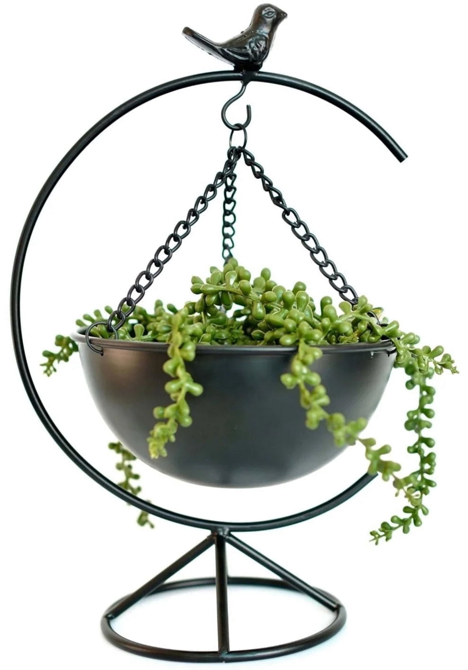 Science Purchase Elegant Matte Black Metal Bird Floor-Standing Indoor Planter with Hanging Bowl for Small Plants, 13-inches Tall x 8.6-inches Wide