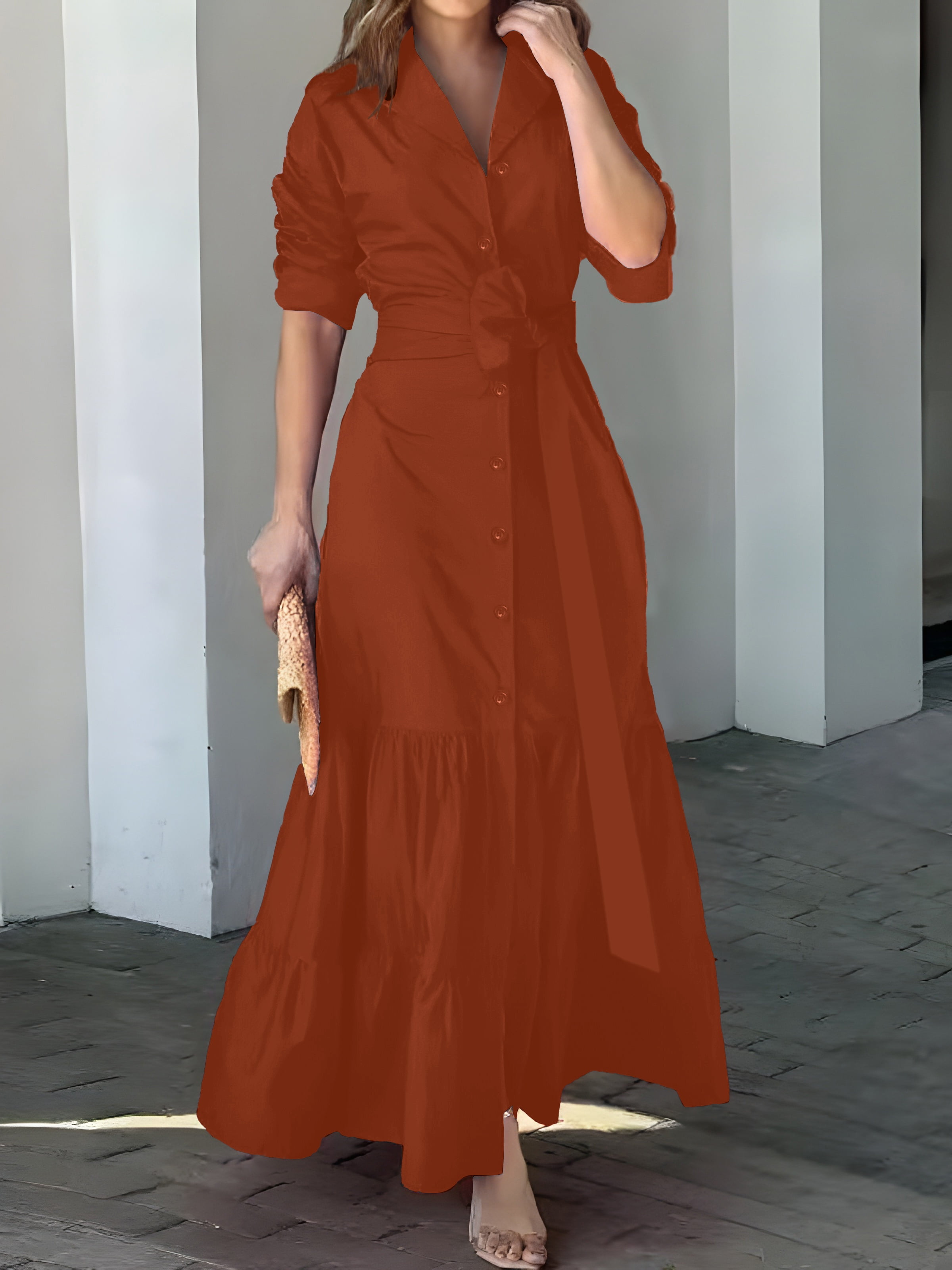Gathered Waist Stretch Women Maxi Shirt Dress With Belt