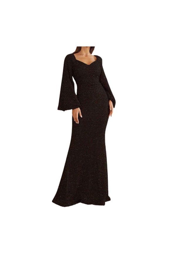 Elegant Maxi Dresses for Women Solid Long Sleeve Deep V Neck Bodycon Floor Length Dress Evening Gown Black L