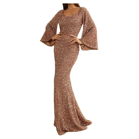 Elegant Maxi Dresses for Women Solid Long Sleeve Deep V Neck Bodycon Floor Length Dress Evening Gown Rose Gold S