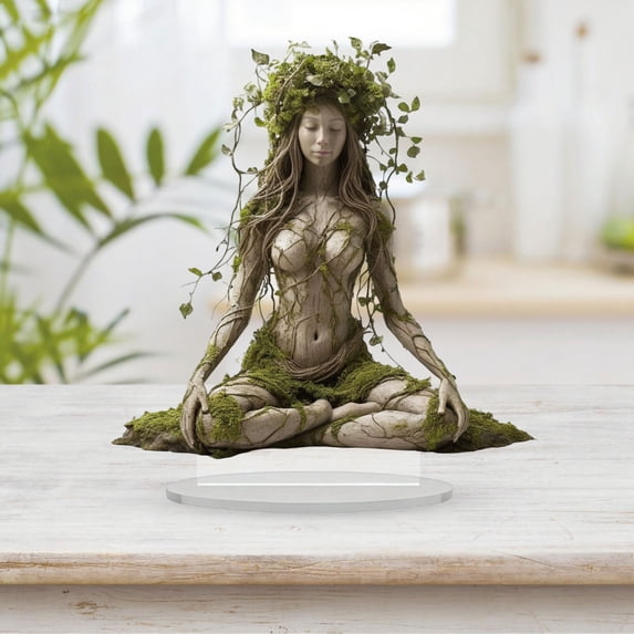 Elegant Meditating Forest Goddess Statue,2D Acrylic Plaque Bohemian Goddess Desk Decor,Card Insert Structure Gifts for Home & Office,Bohemian Decor, Yard Decor, Lovers, 5.9x7.5 in, Army Green03