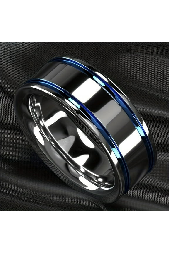 Elegant Men's 8mm Stainless Steel Wedding Ring with Stylish Blue Embellishment - Modern Business Casual Style, Durable and Polished Surface, Unique Titanium Jewelry Accessories,10