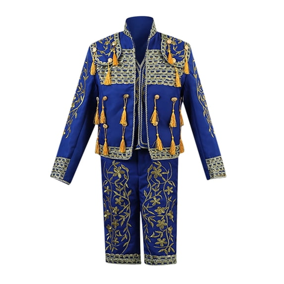 Elegant Men's Embroidered Tuxedo Set Blue Red Black White | Formal 2-Piece Suit with Gold Trim & Fringe | Regular Fit Floral Blazer Jacket Waistcoat Pants for Wedding Prom