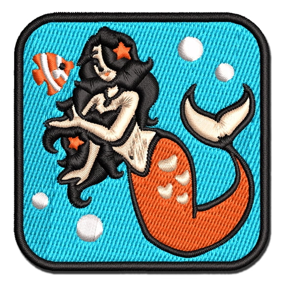 Elegant Mermaid Maiden with Butterfly Fish Applique Multi-Color Embroidered Hook & Loop Patch - 3 Inch Medium