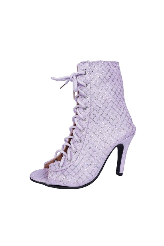 Elegant Mesh Lace Two-Sided Fashionable and Breathable High Heel Ankle Boots with Straps Breathable Open Toe Dance Boots Cross-Laced Roman-Style Fashion Dance Shoes