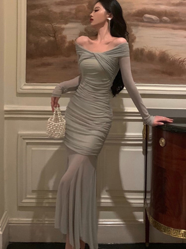 Elegant Mesh Patchwork Evening Party Dress Women Long Sleeve Slash Neck