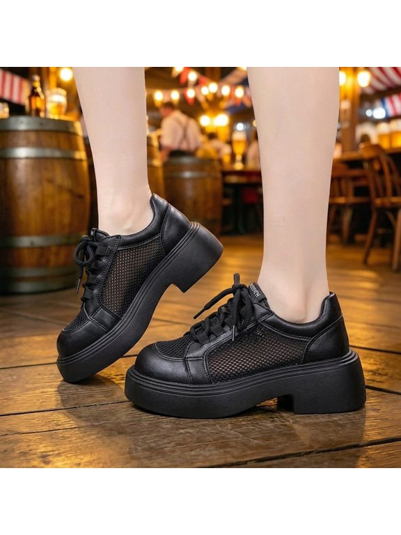 Elegant Mesh Top Platform Loafers for Everyday Casual Comfort with Breathable Openwork Design and Lace-Up Details, Black, 42