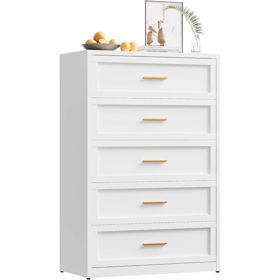 Elegant Metal 5-Drawer Dresser for Bedroom, Clothes Storaeg Drawer Chest for Closet, Farmhouse Dressers & Chests of Drawer with 5 Large Drawers,White