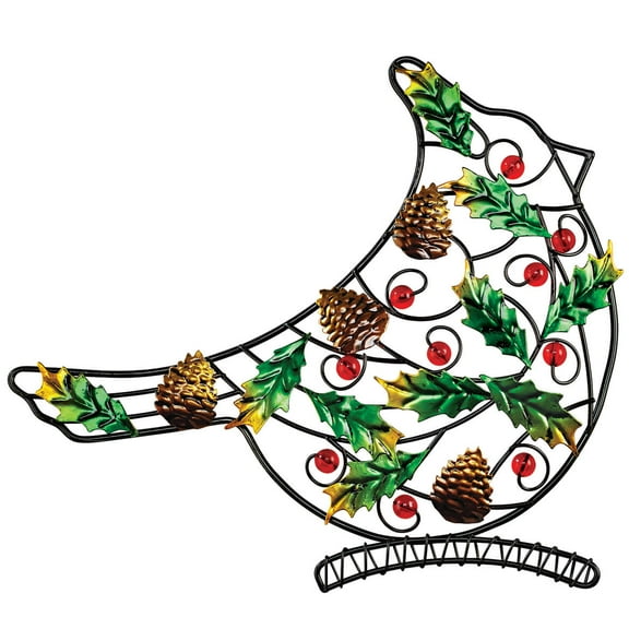 Elegant Metal Cardinal Home Décor with Colorful Foliage and Red Acrylic Beads - Christmas Décor - Hang on Door or Wall, 11 3/8" x 1 1/8" x 9 7/8" - By Holiday PeakTM