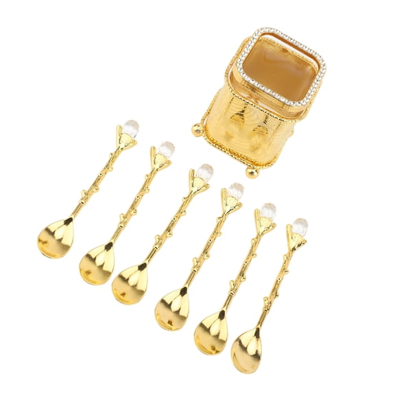 Elegant Metal Coffee Spoon Set with Crown Storage Holder Cup (6 Spoons / 4.33 inches / 11 cm)