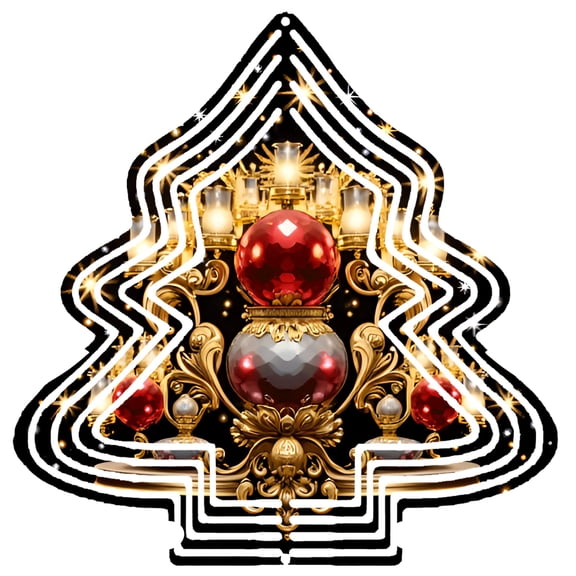 Elegant Metal Hanging Christmas Tree Wind Spinner - Intricate Gold & Red Design with Gem Accents Perfect for Yard & Garden Decor