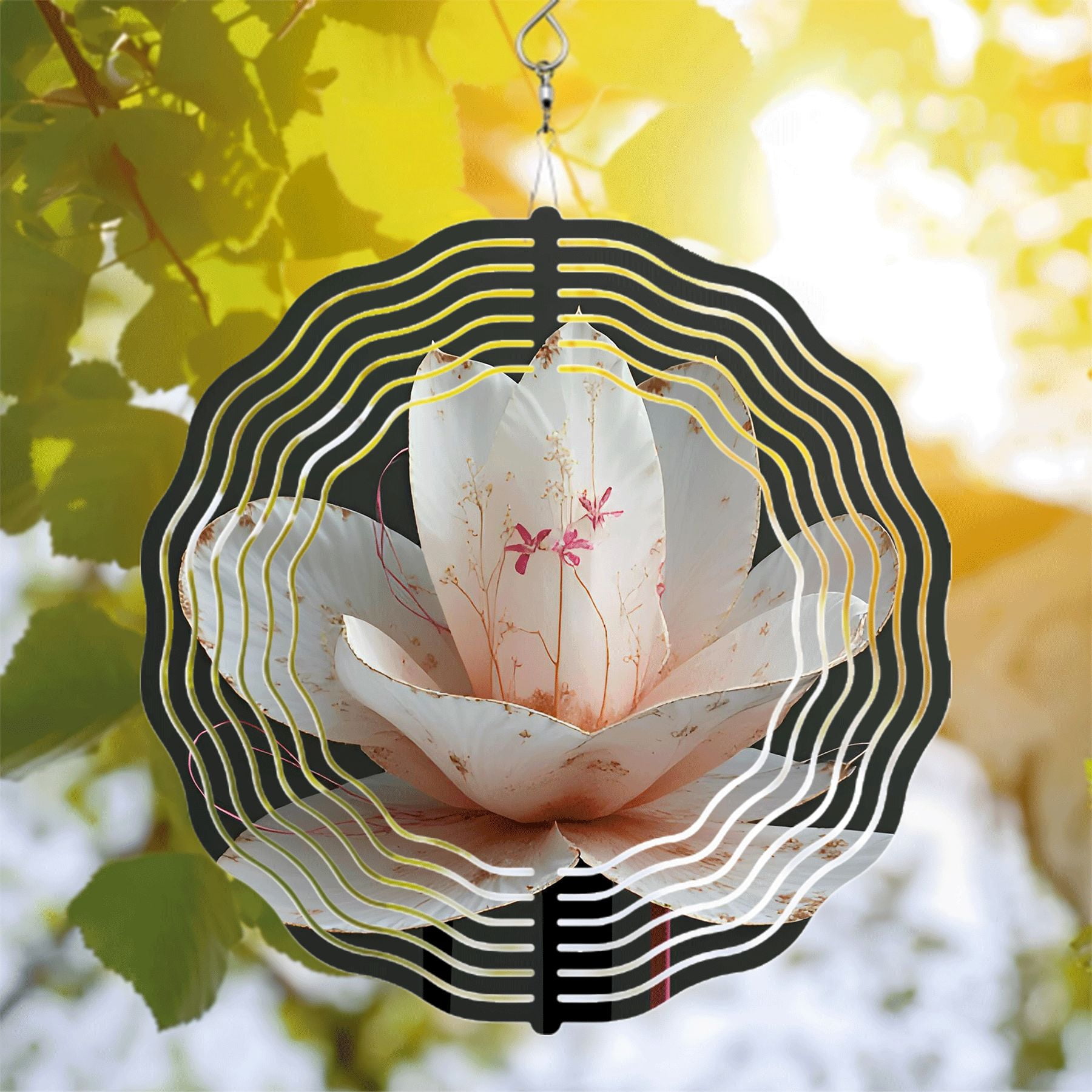 Elegant Metal Hanging Wind Spinner with Stylized Flower Design White ...