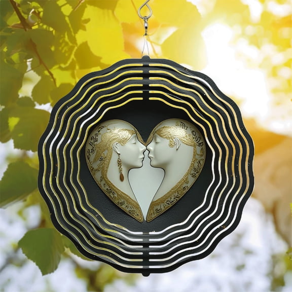 Elegant Metal Hanging Wind Spinner with Concentric Wave Patterns & Heart-Shaped Faces Intricate Gold Designs Perfect for Yard & Garden Decor