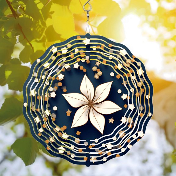Elegant Metal Hanging Wind Spinner with Concentric Wavy Lines & White Flower Design - Perfect for Yard & Garden Decor